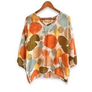 Susan Betro Simple Cotton Tunic Elbow Sleeve Relaxed Fit Multi Abstract V-Neck